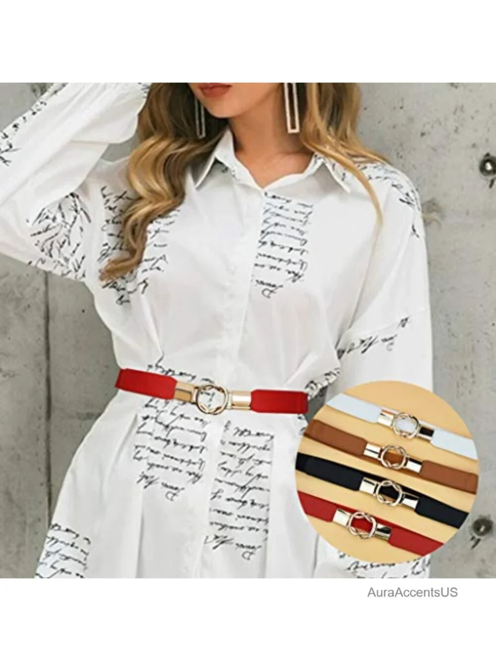 4pk Women Stretchy Faux Leather Waist Belt with Metal Buckle